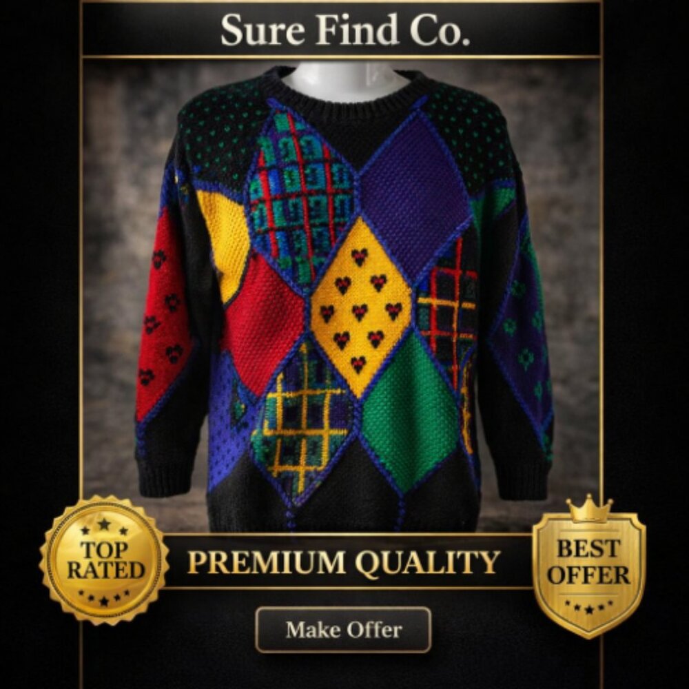 NWT Claudia D VTG Diamond Patchwork Color Block Knit Oversized Sweater W Med